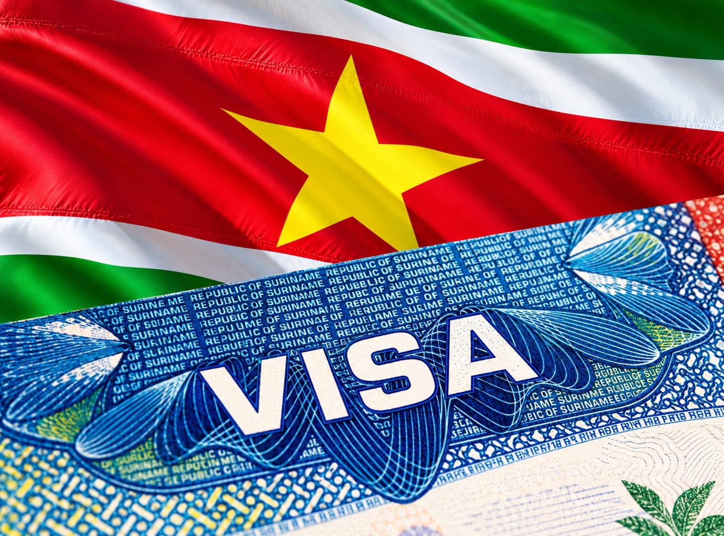 Suriname flag over a Suriname visa page